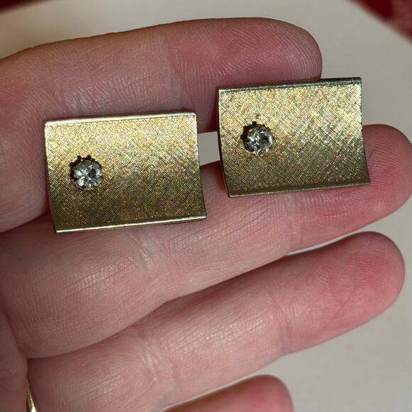 Mid Century gold textured cufflinks with prong set rhinestones vintage menswear - Picture 5 of 5
